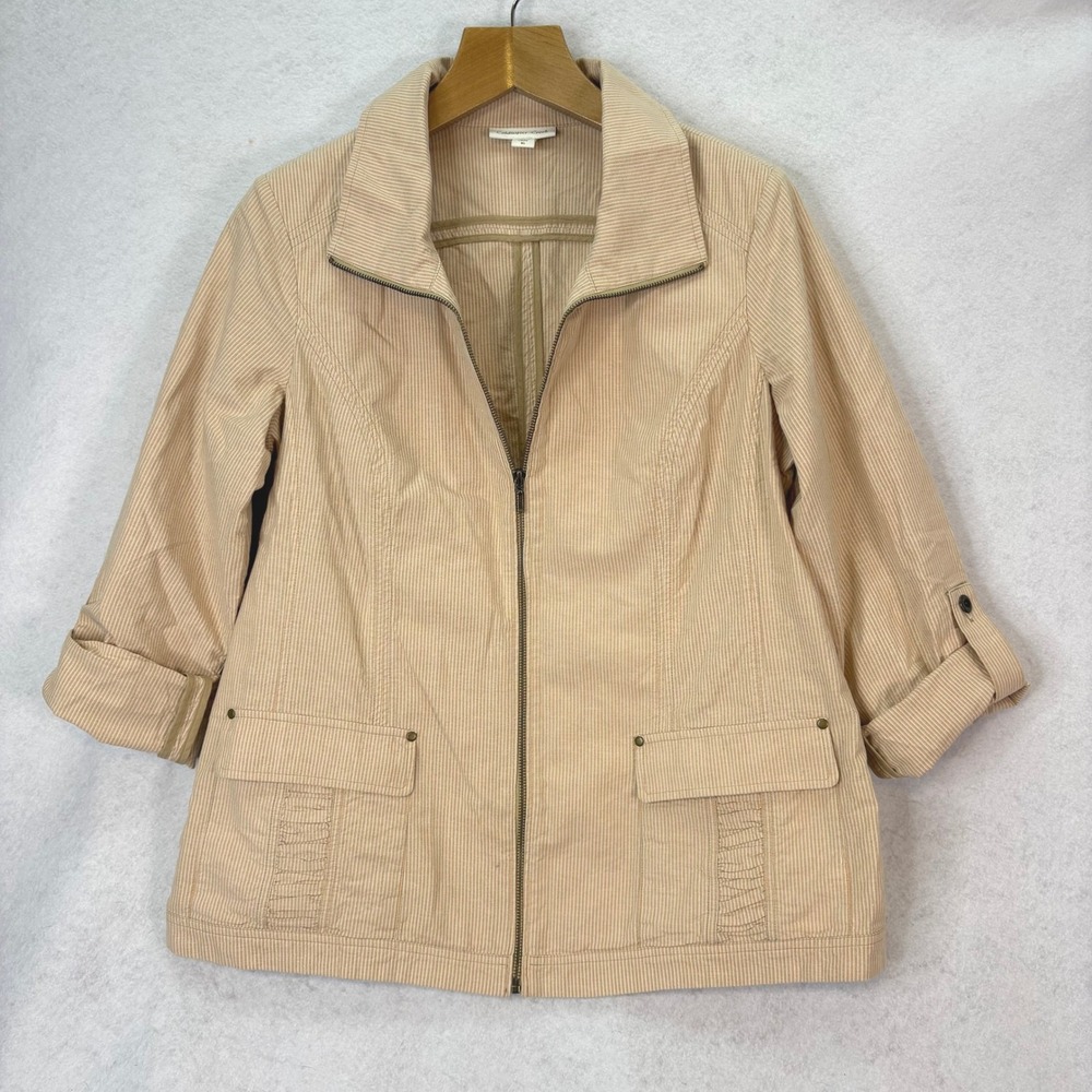 Coldwater Creek Beige Striped Zip Up Utility Jacket Womens 16 Coastal Grandma
